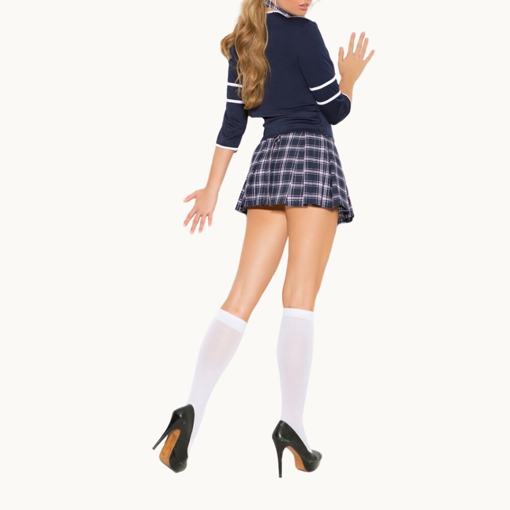 Schoolgirl Costume 4-Piece Set Navy Plaid Pleated Skirt Jacket - Picture 5 of 9